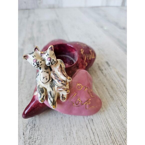 Blue sky heart cat two hearts kitten tea light candle holder vintage Heather gol - Picture 1 of 8